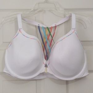Lane Bryant Cacique white rainbow strappy front hook bra size 44dd